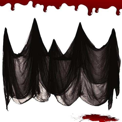 KOIROI Halloween Deko Stoff, 215 x 500cm Halloween Gruselige Tuch, Halloween Deko, Halloweenstoff Schwarz, Halloween Deko Horror Schwarzer Stoff für Tisch Haustür Outdoor ​Halloween Party Terror Deko