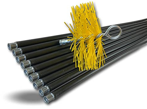 Kit de ramonage classique conduits gainés | Hérisson rond synthétique | Diamètre 180 mm | 9 cannes noires de 1,40m | Ø 17 mm creuses | Cheminées | Kibros 4KIT18NLO