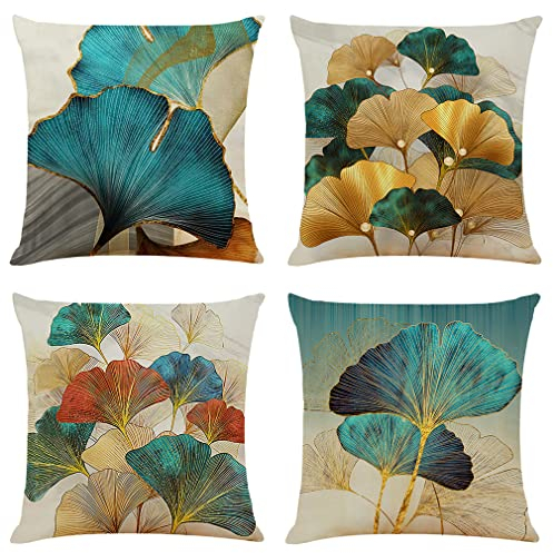NIULAA Kissenbezug 40x40 4er Set Türkis Gold Ginkgo Deko Kissen Kissenhülle Dekokissen Natur Landhausstil Dekorative Sofakissen Leinen Kissenbezüge Luxus Decor für Sofa Couch Wohnzimmer