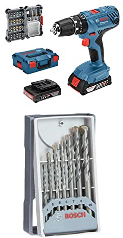 Bosch Professional 18V Akku Schlagbohrschrauber GSB 18V-21 (inkl. 2x2,0 Ah Akku, 40tlg. Zubehör Set) + 7-tlg. CYL-3 Betonbohrer Set (für Beton, Ø 4/5/6/6/7/8/10 mm)