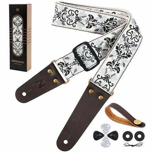 Gitarrengurt, Vintage bestickt Baumwolle Gitarrengurte mit echtem Leder Enden für Bass, elektrische & akustische Gitarren, kommen mit kostenlosen Strap Button, 1 Paar Strap Locks und 4 Guitar Picks