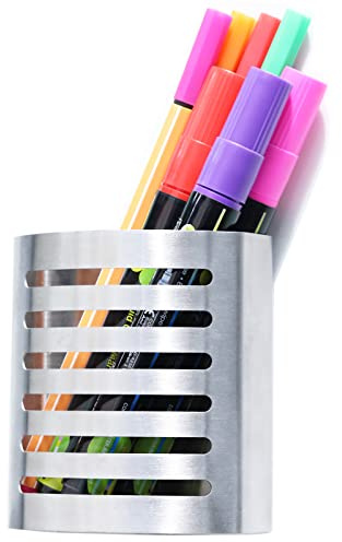 Sanpaint Magnetischer moderner Stift- und Bleistifthalter, Metall-Schreibutensilien-Aufbewahrung, Organizer für Küche, Spind, Zuhause oder Büro, 8,3 x 4,4 x 8,9 cm, gebürsteter Edelstahl | Aufbewahrungs-Organizer aus Metall für Küche, Spind, Zuhause oder Büro, gebürsteter Edelstahl