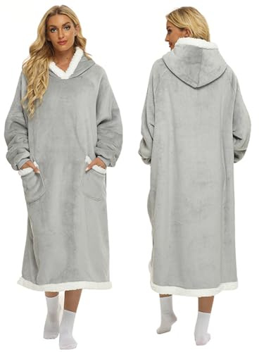 FEELJAM Decke mit Ärmeln und Kapuze Hoodie Decke Erwachsene Ärmeldecke Weich Warm Kuscheldecke mit Ärmeln (Hellgrau, 150 lang)