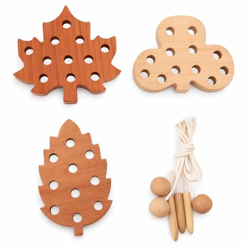 SPYMINNPOO Lacing Toy for Toddlers, Wooden Lacing Threading Leaves Toys Set, Educational Threading Game for Baby and Kids