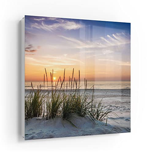DEQORI Schlüsselkasten weiß | 30x30 cm | Motiv Sonnenuntergang am Strand | Glas & Metall Schlüssel-Box | Schlüsselschrank mit 50 Haken + 2 Magnete | Moderne Design Box magnetisch & beschreibbar