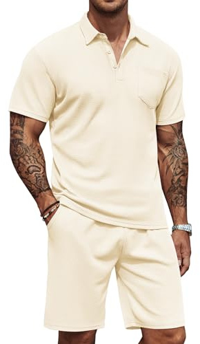 COOFANDY Herren-Poloshirt und Shorts, Waffelstrick, 2-teilig, Sommeranzug, lässiger Trainingsanzug mit Taschen, Beige, Small