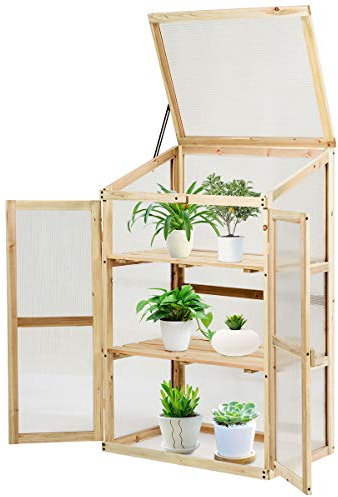 COSTWAY 3 Tiers Wooden Greenhouse, Garden Cold Frame with 2 Doors and Open Top, Outdoor Vegetable Flower Plant Transparent Growhouse for Patio Balcony Backyard