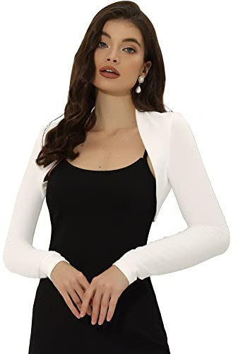 Allegra K Women's Crop Bolero Cotton Elegant Solid Color Long Sleeve Evening Shrug White S