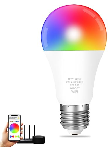 Smart WiFi LED Bulb, Alexa Light Bulbs E27, 10W Colour Changing Light Bulb, 1050LM, APP Control, Compatible With Alexa/Google Home, RGB+CCT, Dimmable, 2700K-6500K, No Hub Required, 1 Pack(2.4GHz Only)