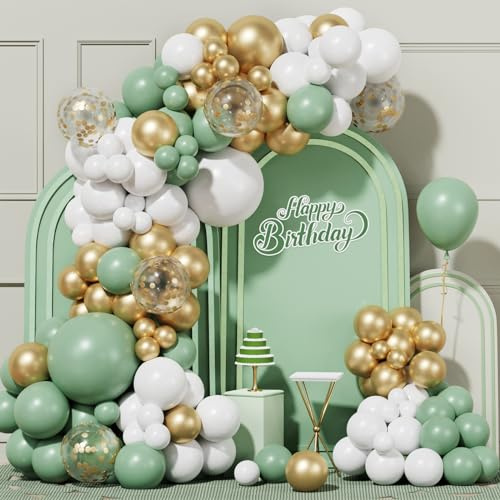Kit Arco Globos Verde Salvia y Dorados, 100pcs Guirnalda Globos Verde Oliva con Blanco Oro Confeti Globos, Globos de Cumpleaños, Decoracion Baby Shower Niño para Jungla Safari Temática Fiesta, Boda