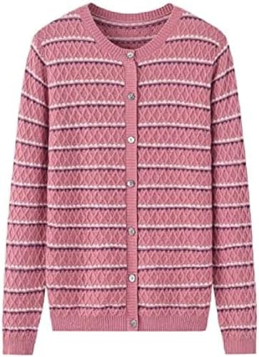 Kashmirtröja rund hals enkelknäppt 100 % kashmirtröja damcardigan randig stickad lös tröja, rosa, XXL