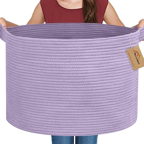MEGASKET großer violetter Aufbewahrungskorb aus Seil 55,9 x 35,6 cm – ideal für Decken, Kissen, Wäsche oder Spielzeug. Jumbo-Bodenkorb als stilvolle Aufbewahrung für Bad, Schlafzimmer oder Wohnzimmer