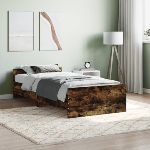 DJEKA Bettgestell 90x190 Holz Bett 90x190 mit lattenrost Holz Holzbett 90x190 Doppelbett mit Kopf- und Fußteil-Räuchereiche-90 x 190 cm