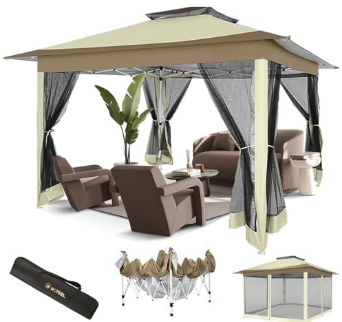 HOTEEL Pavillon 3x3 Pavillon extérieur avec Moskitonetz Pop Up Pavillon Faltbar mit Seitenwänden für Garten, Camping, Hinterhof mit belüfteter Oberseite, Aufbewahrungstasche, Sandsäcken (Kaki)