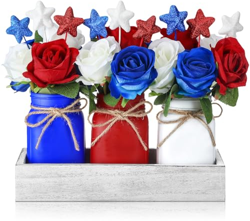 Nuogo 4th of July Mason Jar Centerpiece for Table Independence Day Farmhouse Mason Jar Decor Include 1 Decorative Wood Tray 3 Decorative Jars 15 Rose Flowers 9 Star Sticks for Home Decorations