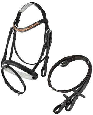 Brama West Trense Pferd Merlin | Ledertrense mit Antislip Zügel und Strasssteinen | englisch kombiniert | Braun/Weiß unterlegt, Gr. Full