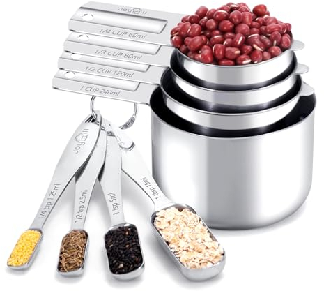 Joyhill Measuring Cups and Spoons Set of 8 Piece, Metal Stainless Steel Measuring Cups and Spoons Set for Baking Cooking, Dry and Liquid Ingredients