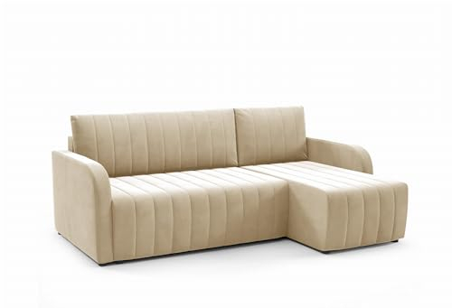 LIKMA Ecksofa Otto L-Form 224 cm Beige Moderne Sofas & Couches - Velvet Sofa mit Schlaffunktion - Schlafsofa mit Bettkasten - Wohnlandschaft mit Bettzeugbehälter, Stoff: Jasmine 22