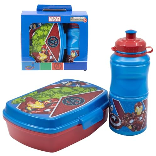 CARTOON Borraccia e portamerenda supereroi per Avenger set pranzo 2 pezzi per bambini in plastica riutilizzabile BPA free