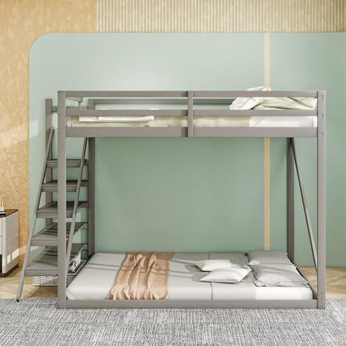 Lettino a soppalco 140 x 200 cm, con scala di sicurezza, letto a castello in legno massello con rete a doghe, adatto per bambini, ragazzi e adulti
