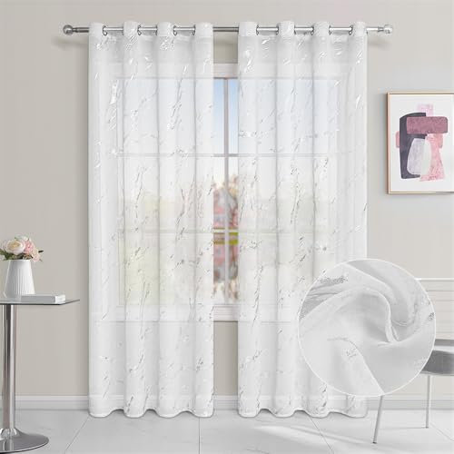 Surwin Trama di Marmo Tende per Interni a Vetro Con Occhielli, 2 Pezzi Camera da Letto, Voile Semi Trasparenti per Cucina, Soggiorno (100x200cm, Bianco)
