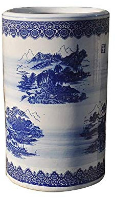 Umbrella Barrel Umbrella Stand Rack Holder Stand Blue and Porcelain Ceramic, Ideal for Household Hallways Walking Stick Stand - Traditional Style