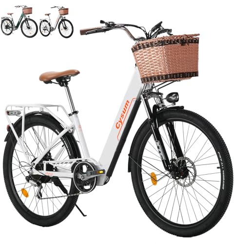 cysum 250 W Urban Elcykel för kvinnor, 26 tums stadscykel med 7 hastigheter, stadsförort, elektrisk cykel, pedal, batteri 36 V 10 Ah, räckvidd 60–80 km, skivbroms (vit)