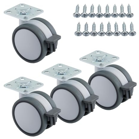 SOTECH juego de 4 ruedas para muebles Hamm Ø 63 mm altura 74,5 mm, blanco/gris, 35 kg de capacidad de carga, placa atornillable 47 x 47 mm, con freno incl. tornillos de fijación