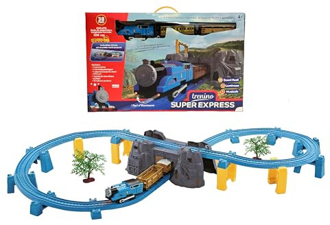 Trenino Giocattolo per Bambini - Locomotiva a Batteria con Effetti Sonori Reali, Vagoni, Binari, Ponte e Alberi - Ferrovia Elettrica Super Express