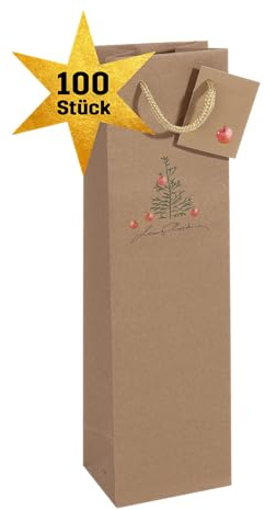 SIGEL Kraftpapier Flaschen Geschenktüten aus Papier Christmas 100er Set | GT042/100, Großpackung für Flaschen und Präsente zu Weihnachten