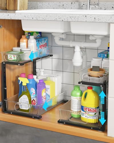 UMDONX 2 Pack Under Sink Storage Kitchen Cupboard Metal Organiser - 2 Tier Pull out Sliding Shelf Bathroom Pantry Cabinet Tidy Rack (5 Height Adjustable Black)
