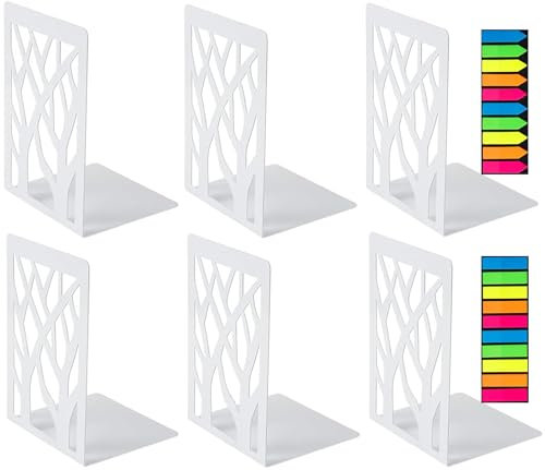 3 Paia Fermalibri Metallo Decorativi Reggilibri per Mensole, Porta Libri da Scrivania, Supporto Libri Pesanti Antiscivolo per Biblioteca Ufficio e Casa, Bianco