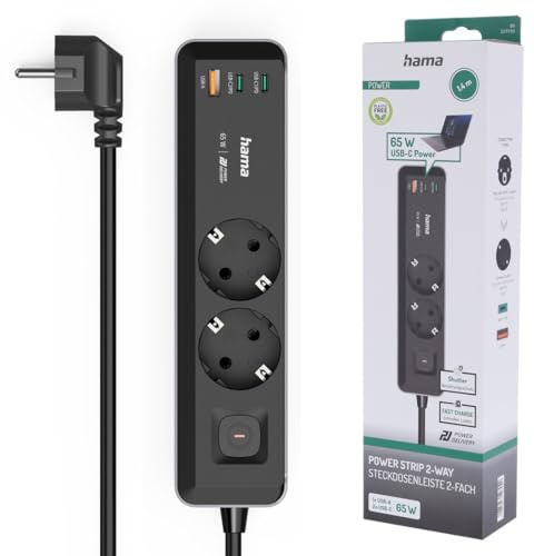 Hama Steckdosenleiste mit 2 Erdungssteckdosen + 3 USB-Ports mit Schalter (Mehrfachsteckdose, 2 x USB-C + 1 x USB-A, 65 W PD, Schnellladung, Kabel 1,4 m, 2 Schuko-Steckdosen, kompatibel mit Frankreich