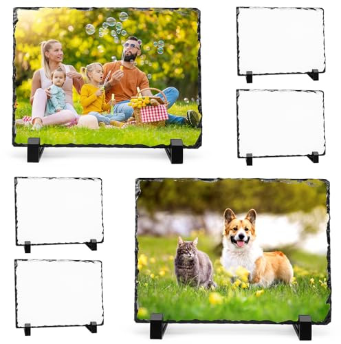 Loccmat 6 Pcs Sublimation Blank Slate, 7.5 x 5.5 in Heat Transfer Rock Photo Plaque with Display Stand,Sublimation Slate Blanks Custom Stone Slate Picture Frame for Desktop Souveni Decoration