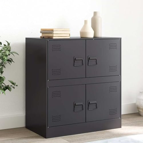 Büroschrank Aktenschrank mit 4 Türen, Metallschrank Mehrzweckschrank Industrial Stil Aufbewahrungsschrank Stahl Beistellschrank für Eingang Wohnzimmer, Schwarz 67x39x73 cm