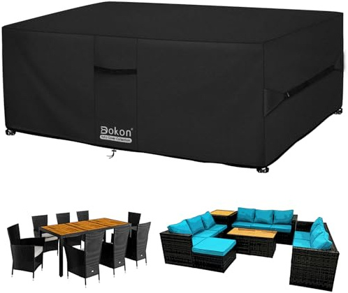 Dokon Abdeckung für Gartenmöbel Winterfest Gartentisch Schutzhülle Outdoor | 420D Oxford, Wasserdicht PU-beschichtet, Winddichte Gurte & Kordelzug, Verdeckte Lüftung, UV-Schutz, 270x210x90cm, Schwarz