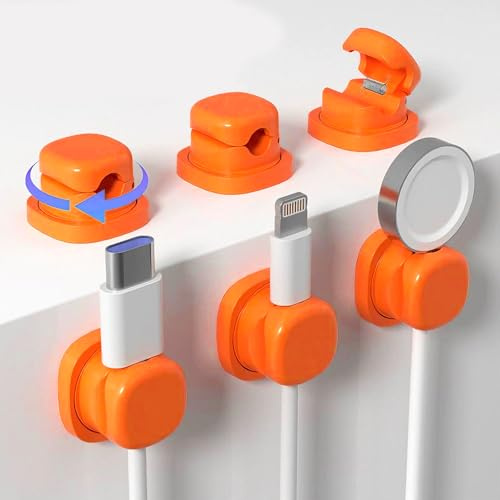 FOFAI Cable Clips Organizer Set: 6 Pack Orange Desk Wire Management Cable Holder with Strong Adhesive - 360°Rotating Hide Charging Cable Keeper for Men Women - Nightstand Home Office Car Use