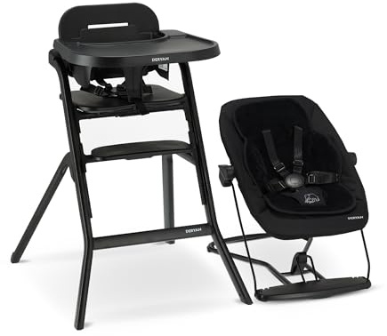 Deryan Curve Barnstol, Svart – Växer med Barnet från 0 Månader till 50 kg, Sittkudde, Stor Matbräda, Liten Skyddsbygel, 5-Punkts Säkerhetsbälte, Vikbar, Inklusive Gungstol och Newborn-Fäste