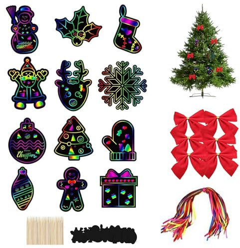 36 Pcs Weihnachten Kratzpapier, Regenbogen Scratch Art, Weihnachten Kratzbilder, für Weihnachts Kratzbuch Set,mit 12 Holzstiften und 48 Bunte Bändern, Christbaumschmuck, für Kind DIY Weihnachtsschmuck