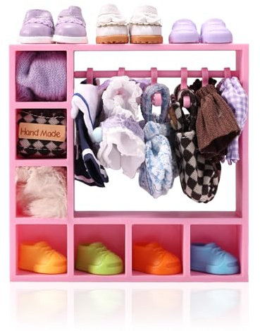 Armoire de Poupée, 15,7x15,6x3,8cm Mini Penderie en Plastique avec 7 Cubes et 10 Cintres pour Ranger Vêtements Chaussures Chapeaux Toutes Sortes Tenues et Accessoires de Poupée(Rose)