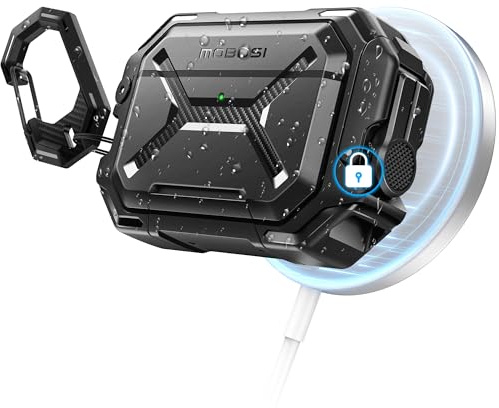 MOBOSI Schutzhülle für AirPods Pro 3 IP68 wasserdichte Hülle,Schwarz | Kompatibel mit MagSafe,Militärschutz Stoßfest Case Hülle mit Schloss,Karabiner,Handyhalterung für AirPods Pro3(2025)