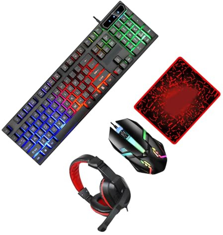 Vaguelly Combo de Teclado y Ratón Gamer Auriculares, Alfombrilla y Teclado Gaming de 104 Teclas en Abs para Juegos y Oficina