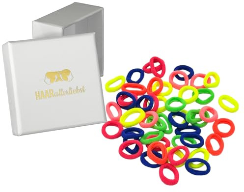 HAARallerliebst 100 stycken färgglada 20 mm små hårsnoddar för flickor – mini baby flätgummi inklusive låda – perfekt hårsnodd, hårdekoration för barn och kvinnor – elatiskt mjukt flerfärgat (neon, 50