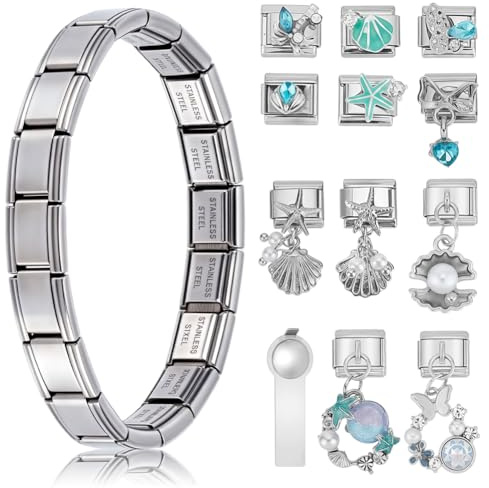 WEBEEDY Ensembles de Bracelets à Charnières Italiens en Argent avec Bracelet de Départ 10 pièces Breloques de Module Marin et Outil Ouverture pour Femmes Pendentif Charme Amovible Ajustable DIY Bijoux