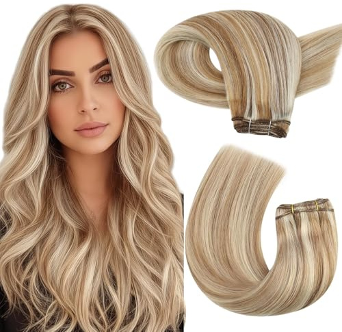Moresoo Sew in Weft Hair Extensions Unprocessed Human Hair Bundles Highlight Color #6 Medium Brown and #60 Platinum Blonde Remy Human Hair Straight Bundles Short Hair Extensions 100g 14 Inch