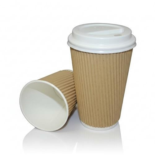 We Can Source It Ltd - 50 x 12oz KRAFT RIPPLE CUPS 3-PLY DISPOSABLE INSULATED PAPER COFFEE CUPS & WHITE SIP THROUGH LIDS