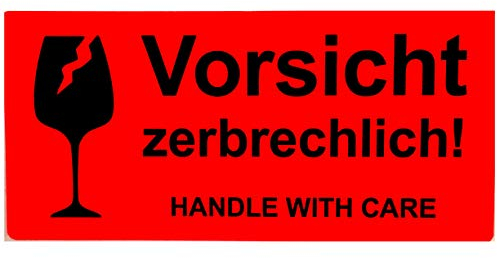 BT-Label 250 Warnetiketten Aufkleber 10,2 x 4,8 cm neon leuchtrot Umzugs-Etiketten Vorsicht zerbrechlich Glas Bruchgefahr Paketaufkleber handle with care