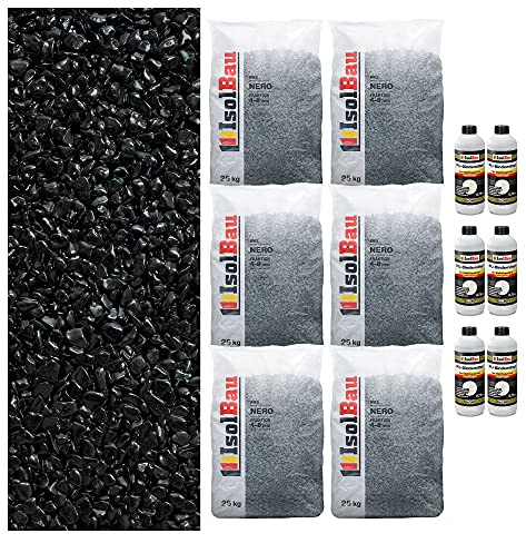 Isolbau Steinteppich SET Marmorkies 150kg + Bindemittel bis 15m² Nero 4/8mm Epoxidharz, Terassenboden, Natursteinboden Marmorkies Bodenbelag, Steinboden Bodenbeschichtung, Marmorstein, Innen Außen