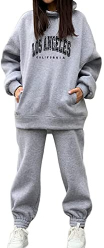 Minetom Donna Tuta Sportiva Set Maniche Lunghe Felpa con Cappuccio e Jogging Pantaloni D Grigio L