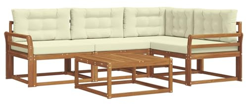 XHNIFBN Outdoor-Sofagarnitur 5-teilig aus massivem Akazienholz, Garten Lounge-Set mit Tisch und bequemen Polstern, modulares Gartensofa für Terrasse und Garten, Natur und Creme